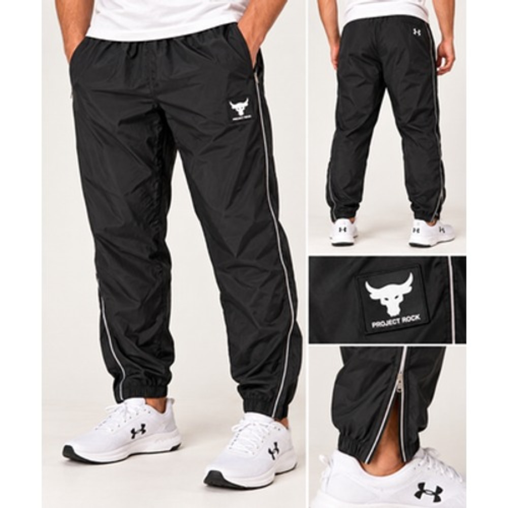 Under Armour Project Rock 1377426 Mens M Black Woven Track Pants Zip Ankle